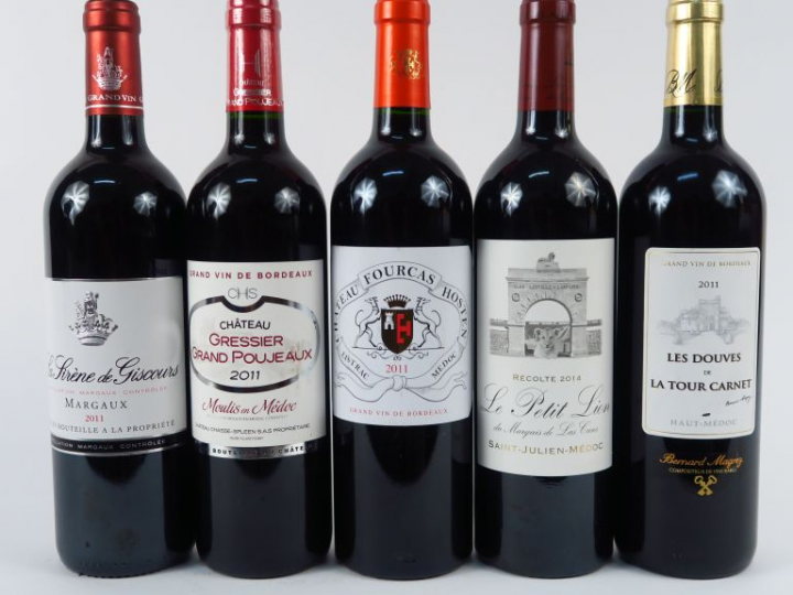 5 BOUTEILLES : 1 LES DOUVES DE LA TOUR CARNET 2011 - 1 CHÂTEAU FOURCAS