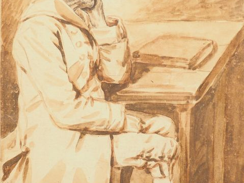 A. DELERIVE.  « Portrait d’homme assis » Dessin au lavis. Signé en bas