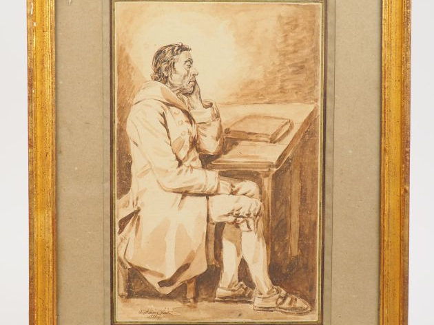 A. DELERIVE.  « Portrait d’homme assis » Dessin au lavis. Signé en bas