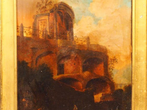 Ecole hollandaise XIXème "Paysage de ruine animé" Huile sur toile.  67
