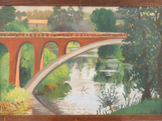 Vente aux enchères 	Etienne CHEVALIER  « Le pont sur L’Agout » Huile sur carton. Non sign