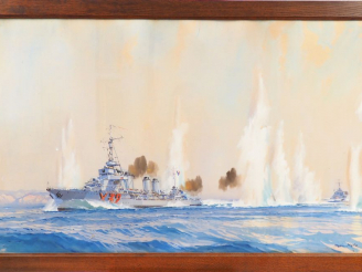 Vente aux enchères MARIN-MARIE « Le Valmy" Gouache.  Signé en bas à droite.  59,5 x 97,5 