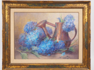 Vente aux enchères Blanche ODIN. 'Hortensias bleus et arrosoir en cuivre rouge'. Aquarell