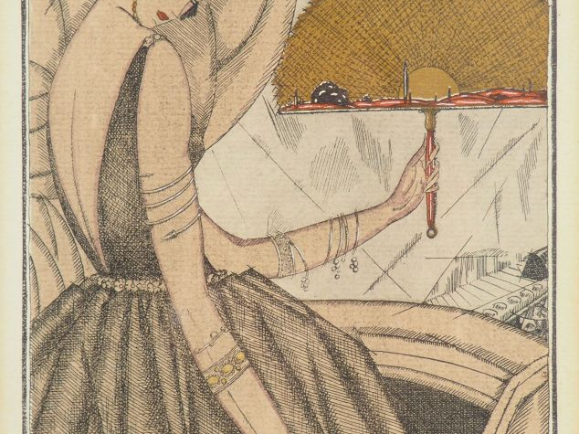 Georges LEPAPE "Femme à l'éventail dans une loge" Plume et aquarelle. 