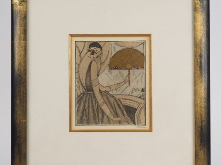 Georges LEPAPE "Femme à l'éventail dans une loge" Plume et aquarelle. 