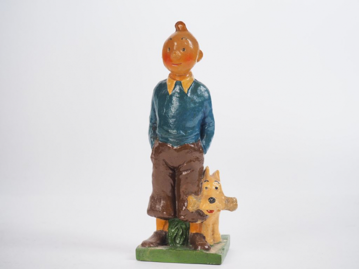 TRES RARE STATUETTE en bois plastique à l'effigie de Tintin et Milou, 