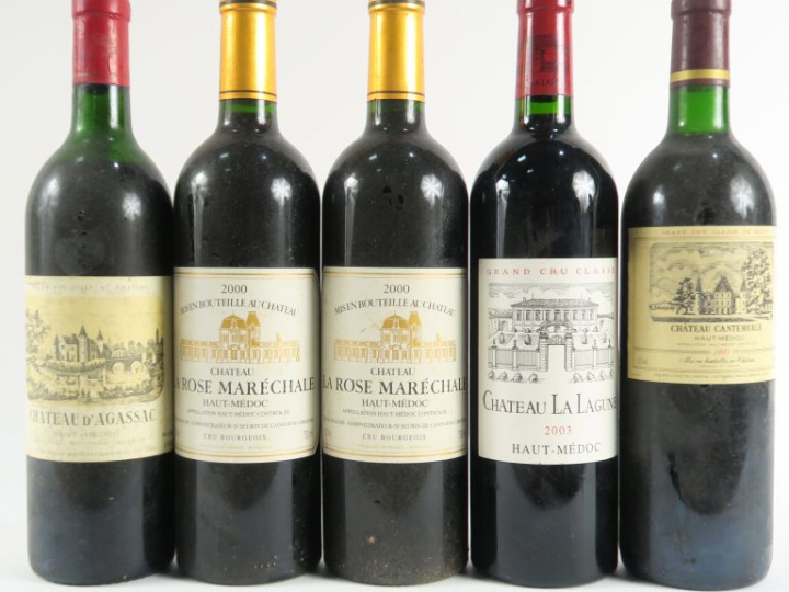 5 BOUTEILLES HAUT MEDOC : 1 CHÂTEAU LA LAGUNE 2003 - 1 CHÂTEAU CANTEME