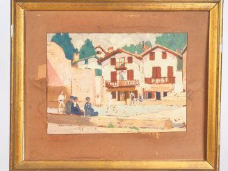 Vente aux enchères Raymond VIRAC. "La partie de pelote basque". Gouache sur papier, signé