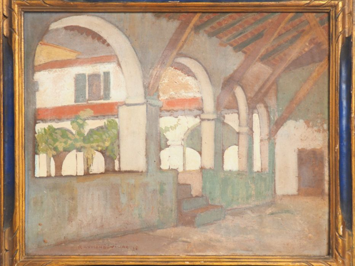 Raymond VIRAC. "Le cloître". Huile sur carton, signée en bas à gauche 