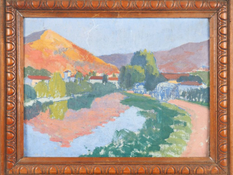 Vente aux enchères Raymond VIRAC.  "Vue du pays basque" Huile sur carton. Dim. 32 x 40 cm