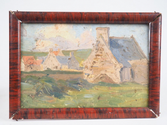 Vente aux enchères Raymond VIRAC.  "Village breton". Huile sur carton. Dim. 17 x 25 cm.
