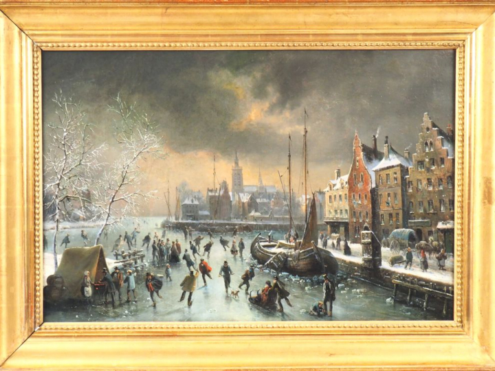 MALBRANCHE. "Ville en hiver et patineurs" Huile sur toile, signée en b