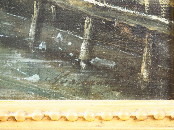 MALBRANCHE. "Ville en hiver et patineurs" Huile sur toile, signée en b