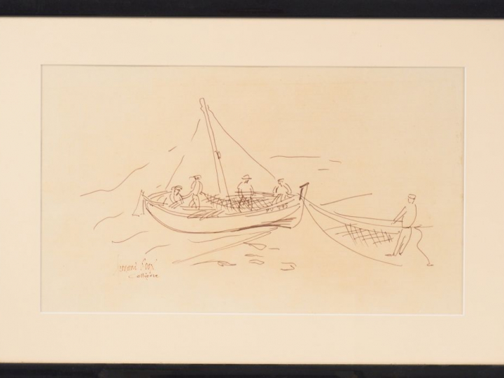 Fernand ROUX. "Pêcheurs à Collioure". Dessin, signé en bas à gauche. D