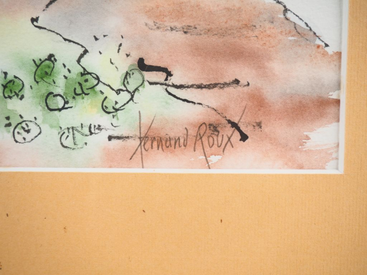 Fernand ROUX. "Vue de bord de mer". Aquarelle, signée en bas à droite.