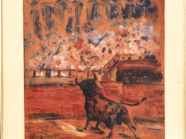 Fernand ROUX. "Taureau de combat dans une arène". Aquarelle, signée en