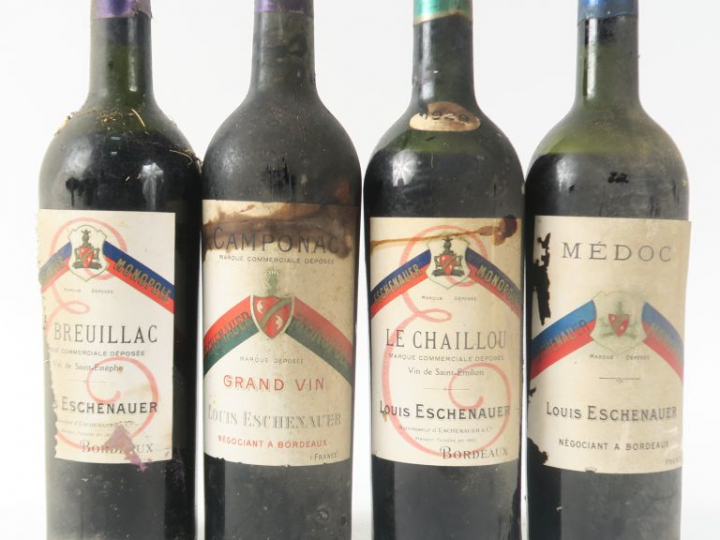 4 VIEILLES BOUTEILLES LOUIS ESCHENAUER : 1 LE CHAILLOU 1929 BEP - 1 CA