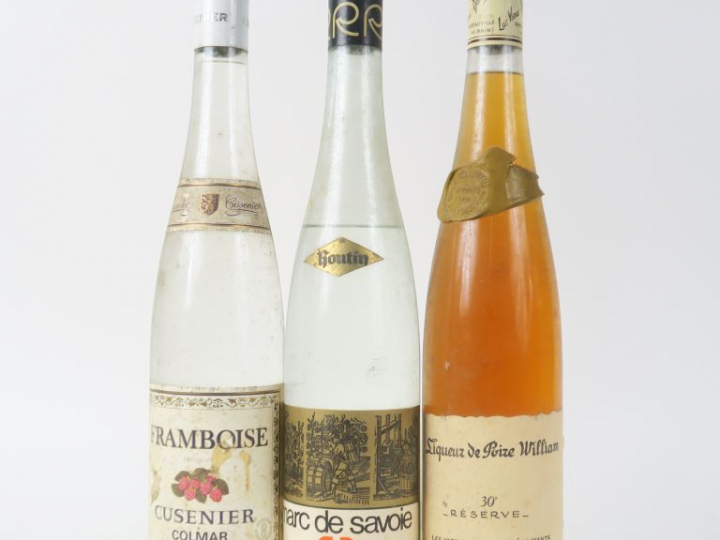 3 BOUTEILLES : 1 FRAMBOISE CUSENIER - 1 MARC DE SAVOIE 45° - 1 LIQUEUR