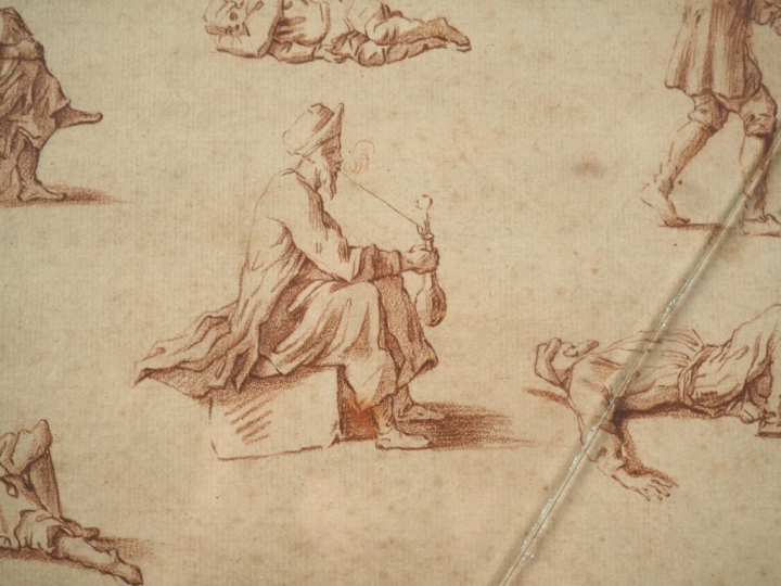 Ecole française XVIIIème. "Etudes de personnages". Sanguine, porte une