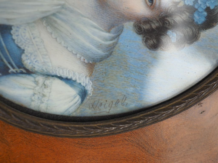 WEIGEL.  "Portrait de jeune fille au foulard de soie blanche".  Miniat