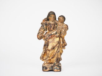 Vente aux enchères Vierge à l'Enfant XVIIIème en bois sculpté polychrome et doré. H. 22 x