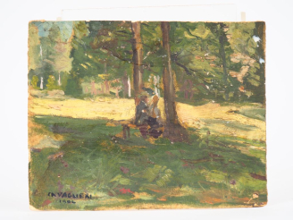Vente aux enchères Mario CAVAGLIERI.  "deux petites silhouettes assises dans un parc" Hui