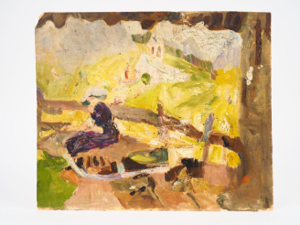 Vente aux enchères Mario CAVAGLIERI.  "Jeune femme dans la montagne" Huile sur carton, Ci
