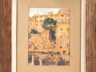 Vente aux enchères Mario CAVAGLIERI.  "Le palais Manièrey et tour à Peyrouse".  Aquarelle