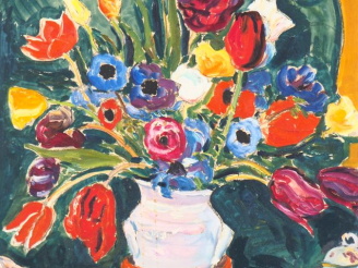 Vente aux enchères Mario CAVAGLIERI.  "bouquet de tulipes et de renoncules". Huile sur ca
