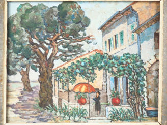 Vente aux enchères JM. RIGAUD.  "jeune femme sous la tonnelle".  Huile sur toile, signée 