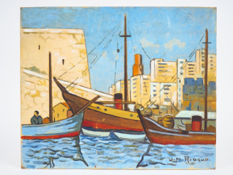 Vente aux enchères JM. RIGAUD.  "le port" Huile sur panneau, signée en bas à droite.  Dim