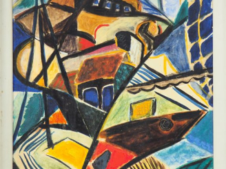 Vente aux enchères Mary DICK. XXème.  "Composition cubiste". Huile sur panneau d'isorel. 