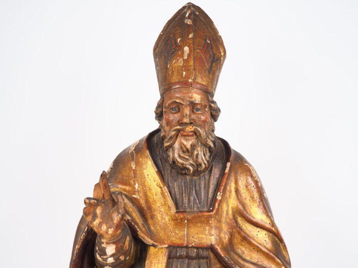 Grande sculpture XVIIIème en bois polychrome" Saint Evêque bénissant".