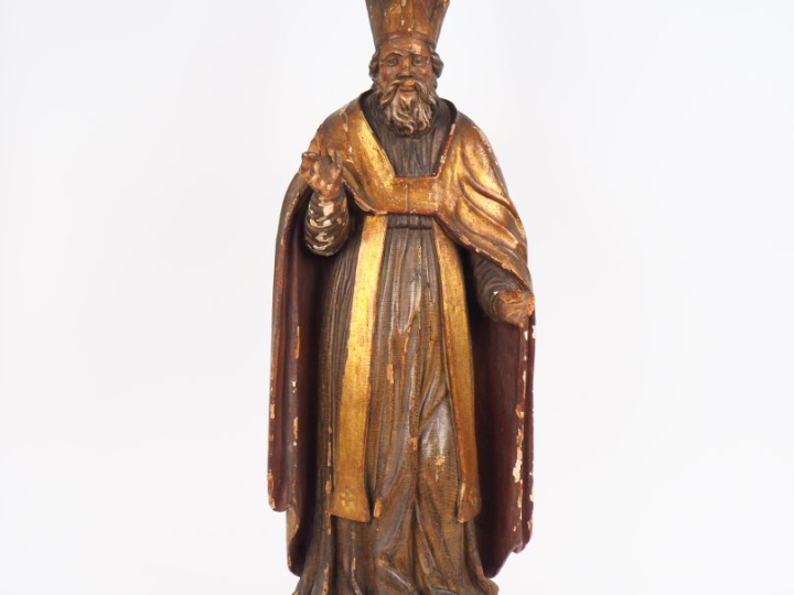Grande sculpture XVIIIème en bois polychrome" Saint Evêque bénissant".