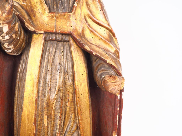 Grande sculpture XVIIIème en bois polychrome" Saint Evêque bénissant".