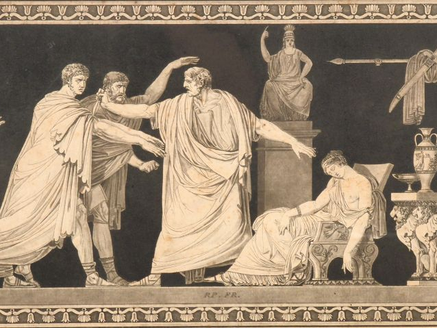 Suite de 5 gravures Directoire en noir figurant des scènes de l'antiqu