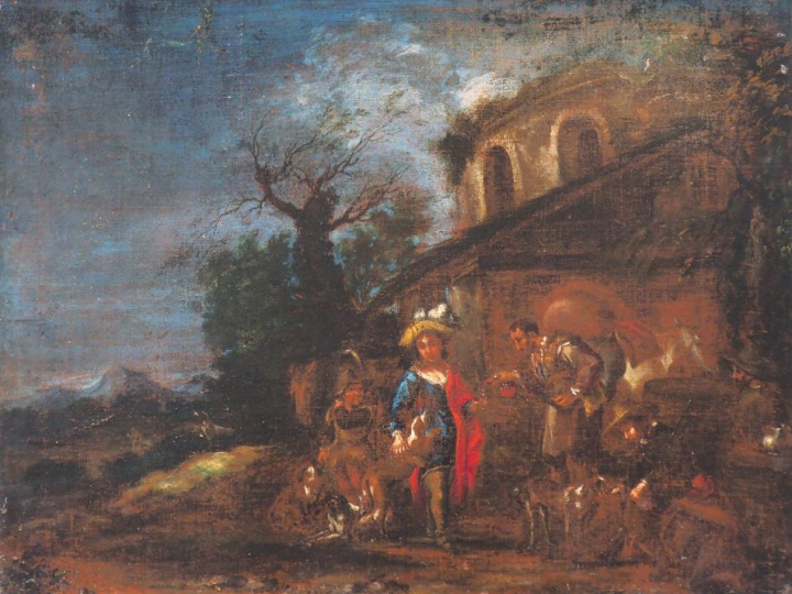 Ecole Italienne XVIIème. "Personnage devant l'auberge" Huile sur toile