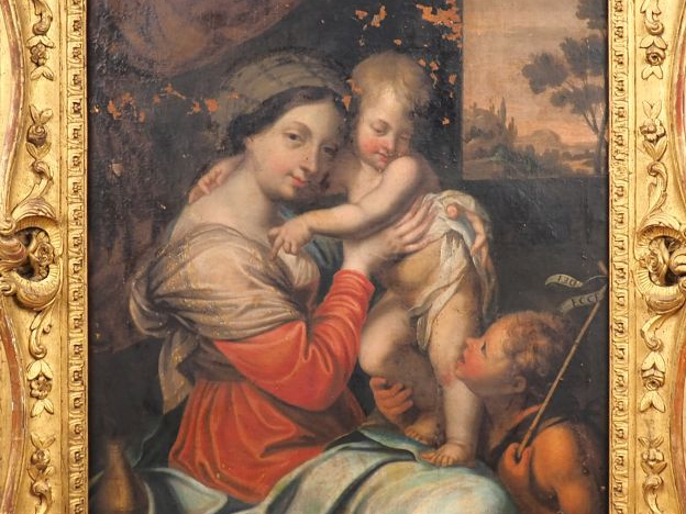 Ecole française XVIIIème. "Vierge à l'enfant et saint Jean-baptise". H