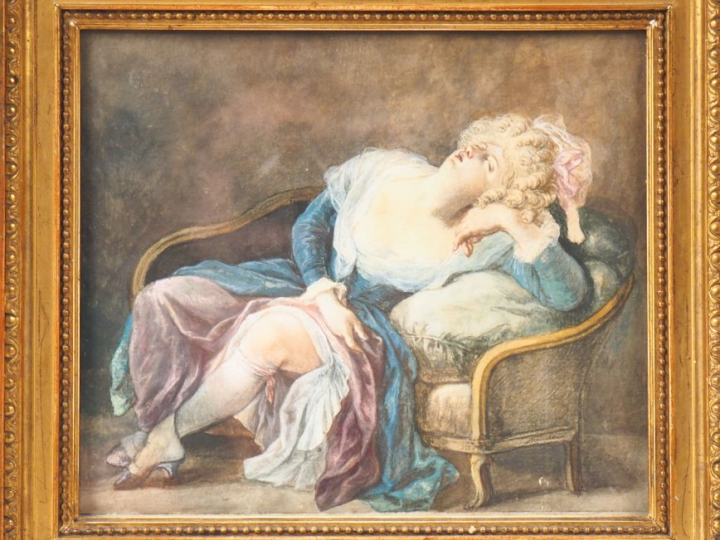 Ecole Française XIXème. "courtisane assoupie" Aquarelle Dim.19 x 22 cm