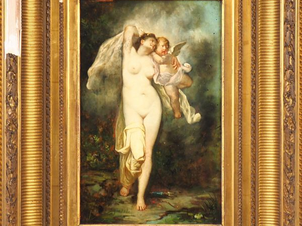 Ecole Française vers 1880 "Venus et l'Amour" Panneau Hauteur : 36 cm L