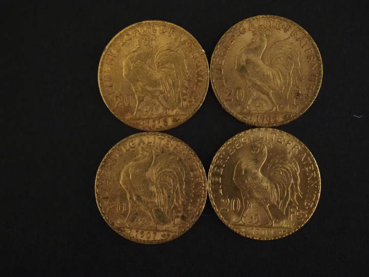 Quatre pièces 20 Francs or, 1907, 1909 (x2) et 1913. FRAIS ACHETEURS 1