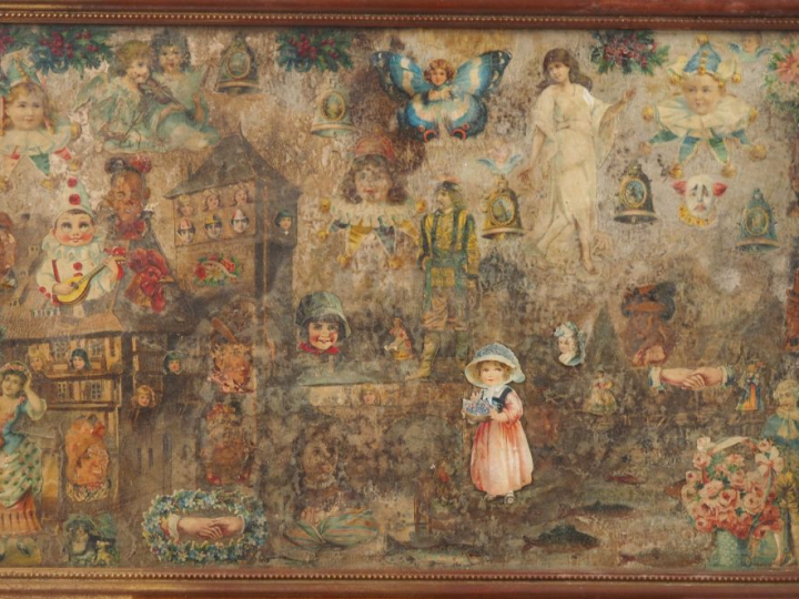 Collage humoristique, "personnages enfants et musiciens dans un paysag