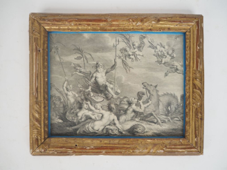 Vente aux enchères Gravure ancienne dans un cadre en bois doré, "Poséidon sur son char". 
