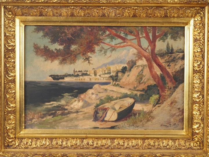 BILLET.  "Vue de la Riviera" Huile sur panneau, signée en bas à droite