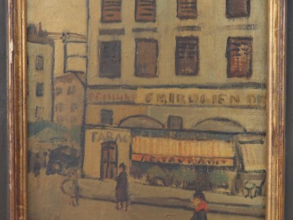Vente aux enchères CORNEILLE.  "Vue de ville animée" Huile sur toile, signée en bas à gau
