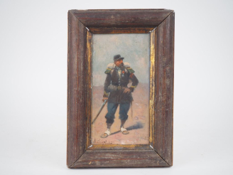 Vente aux enchères CHIGOT.  "Soldat" Huile sur panneau, signée en haut à gauche  Dim. 21,