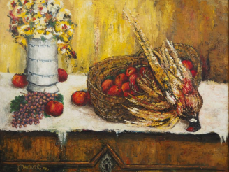 Vente aux enchères A. THUILLIER. Grande nature morte, signée en bas à gauche et datée 59 