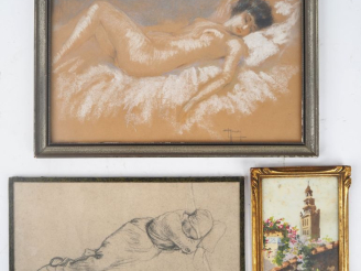 Vente aux enchères Ecole française XXème. "Jeune femme nue endormie" Dessin signé en bas 