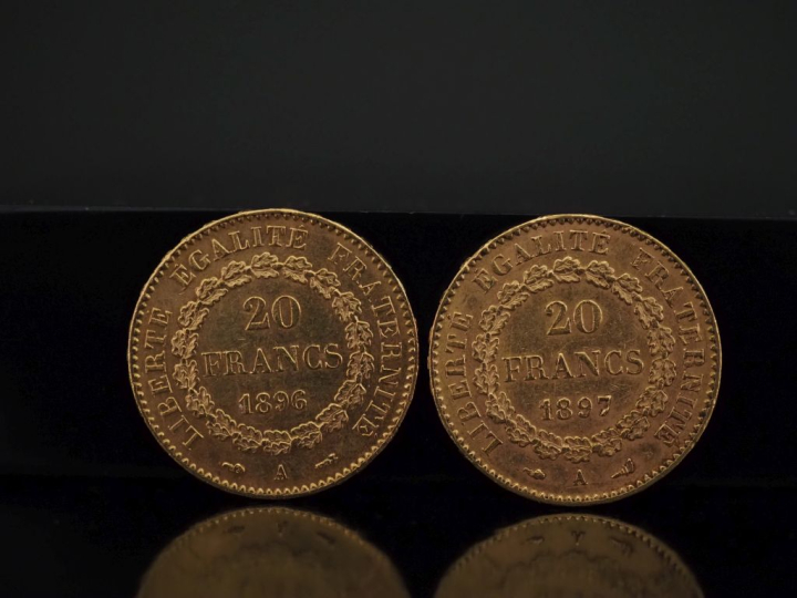 Deux pièces de 20 Francs or, 1896-A et 1897-A. FRAIS ACHETEURS 10% HT.