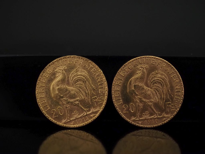 Deux pièces de 20 Francs or, 1910 et 1914. FRAIS ACHETEURS 10% HT.   